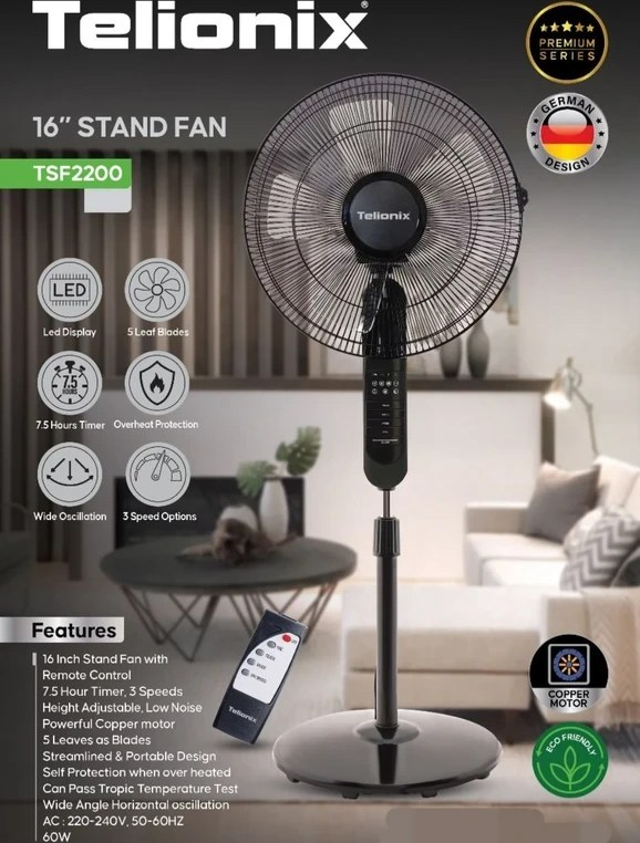 پنکه ایستاده تلیونیکس مدل TSF 2200 ریموت دار با ۵ پره